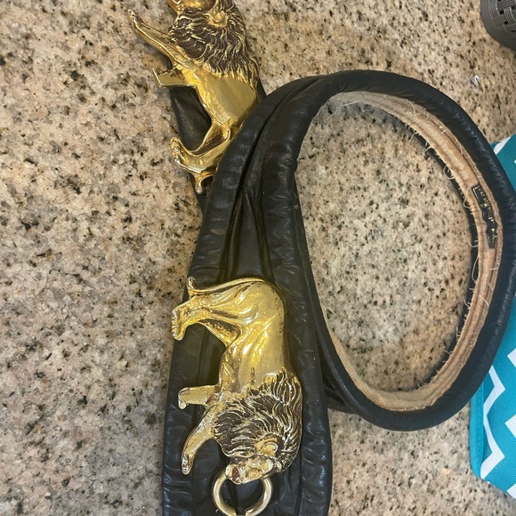 Vintage Black Leather Belt with Gold Lions - Picture 2 of 6